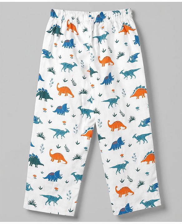 Babyhug Cotton Woven Full Sleeves Front Open Shirt & Pyjama Co-Ords Set With Animal Print - White