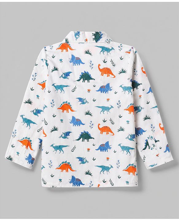 Babyhug Cotton Woven Full Sleeves Front Open Shirt & Pyjama Co-Ords Set With Animal Print - White