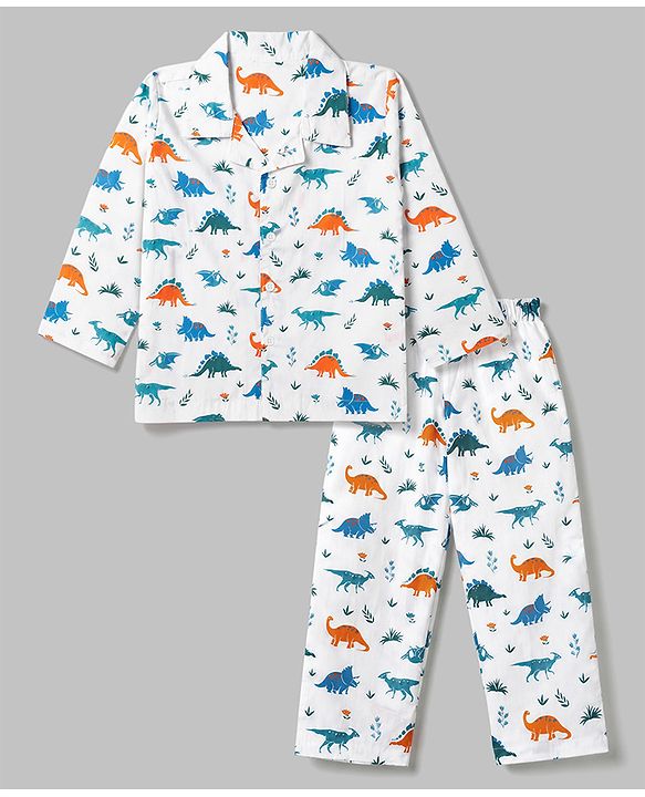 Babyhug Cotton Woven Full Sleeves Front Open Shirt & Pyjama Co-Ords Set With Animal Print - White