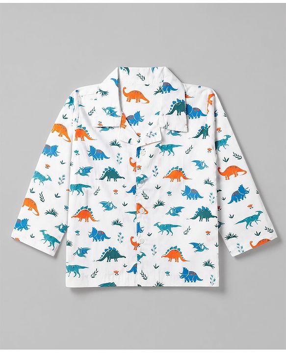 Babyhug Cotton Woven Full Sleeves Front Open Shirt & Pyjama Co-Ords Set With Animal Print - White