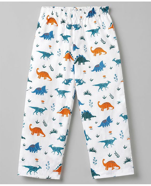 Babyhug Cotton Woven Full Sleeves Front Open Shirt & Pyjama Co-Ords Set With Animal Print - White