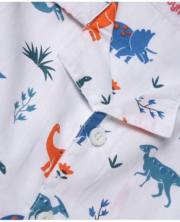 Babyhug Cotton Woven Full Sleeves Front Open Shirt & Pyjama Co-Ords Set With Animal Print - White