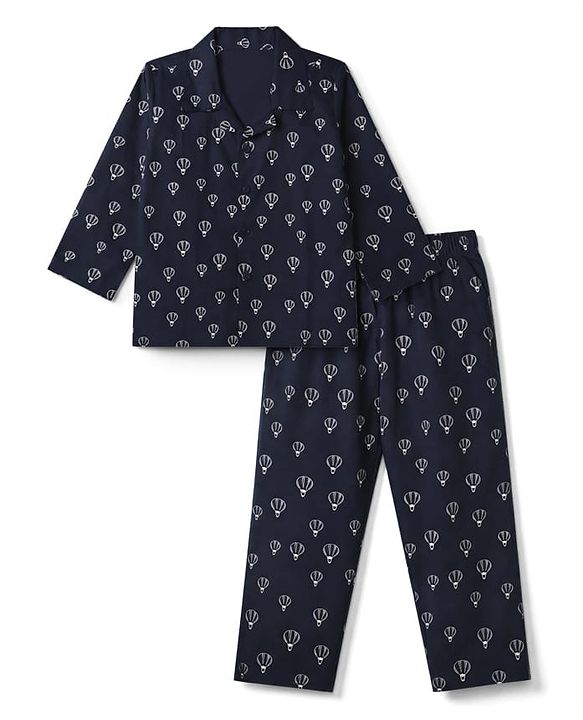 Babyhug Cotton Woven Full Sleeves Front Open Co-ord Shirt & Pajama Night Suit with Air Balloon Print - Navy Blue