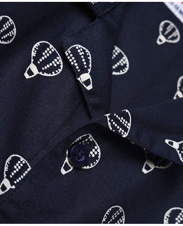 Babyhug Cotton Woven Full Sleeves Front Open Co-ord Shirt & Pajama Night Suit with Air Balloon Print - Navy Blue