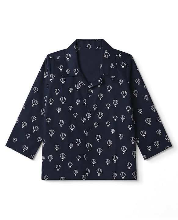 Babyhug Cotton Woven Full Sleeves Front Open Co-ord Shirt & Pajama Night Suit with Air Balloon Print - Navy Blue