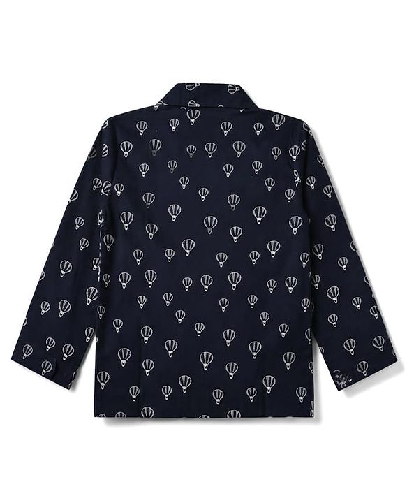 Babyhug Cotton Woven Full Sleeves Front Open Co-ord Shirt & Pajama Night Suit with Air Balloon Print - Navy Blue