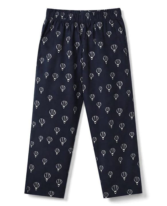 Babyhug Cotton Woven Full Sleeves Front Open Co-ord Shirt & Pajama Night Suit with Air Balloon Print - Navy Blue