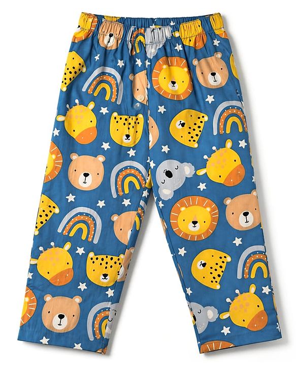 Babyhug Cotton Woven Full Sleeves Front Open Shirt & Pyjama Co-Ords Night Suit With Rainbow & Animal Print - Blue
