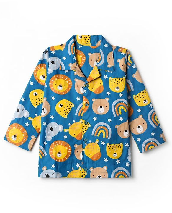 Babyhug Cotton Woven Full Sleeves Front Open Shirt & Pyjama Co-Ords Night Suit With Rainbow & Animal Print - Blue