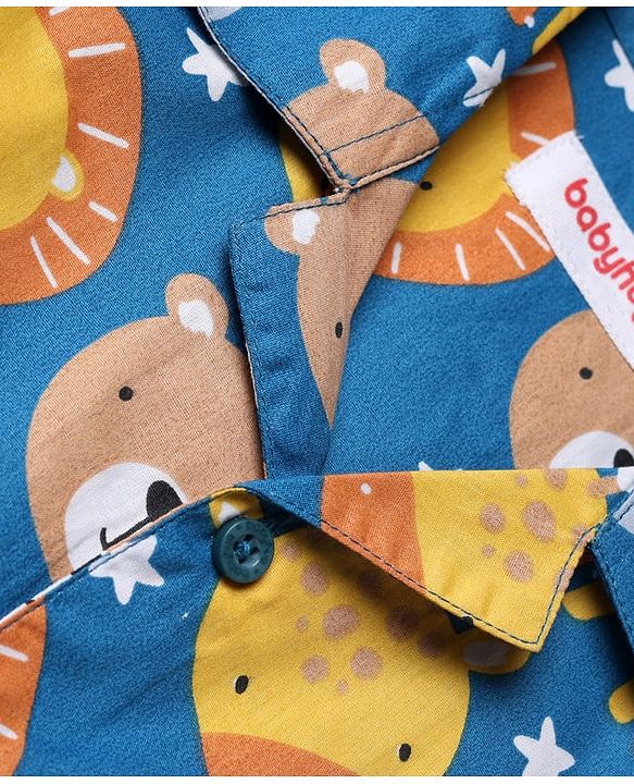 Babyhug Cotton Woven Full Sleeves Front Open Shirt & Pyjama Co-Ords Night Suit With Rainbow & Animal Print - Blue