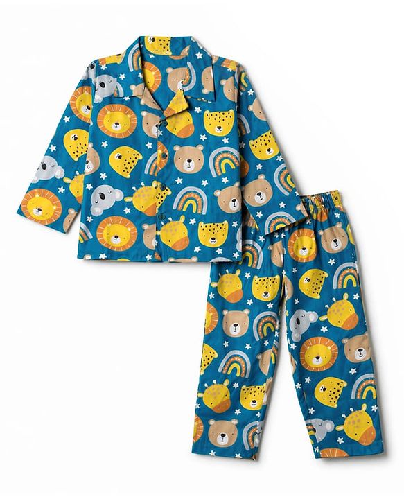 Babyhug Cotton Woven Full Sleeves Front Open Shirt & Pyjama Co-Ords Night Suit With Rainbow & Animal Print - Blue