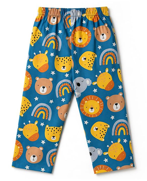 Babyhug Cotton Woven Full Sleeves Front Open Shirt & Pyjama Co-Ords Night Suit With Rainbow & Animal Print - Blue