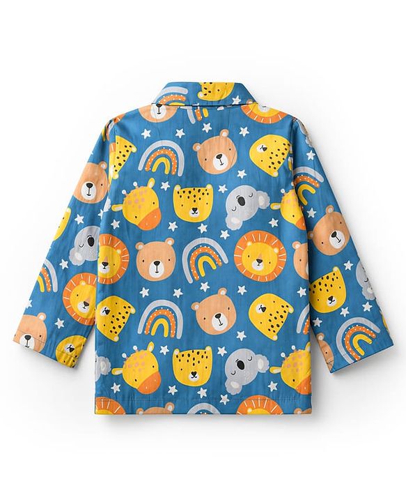 Babyhug Cotton Woven Full Sleeves Front Open Shirt & Pyjama Co-Ords Night Suit With Rainbow & Animal Print - Blue