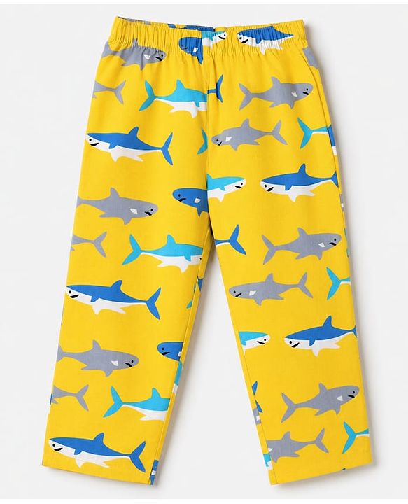 Babyhug 100% Cotton Woven Full Sleeves Co-Ords Shirt & Pyjama Night Suit with Shark Print - Yellow