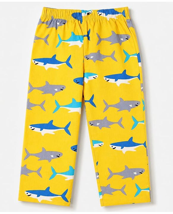 Babyhug 100% Cotton Woven Full Sleeves Co-Ords Shirt & Pyjama Night Suit with Shark Print - Yellow