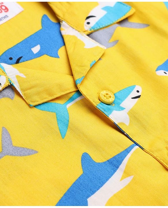 Babyhug 100% Cotton Woven Full Sleeves Co-Ords Shirt & Pyjama Night Suit with Shark Print - Yellow