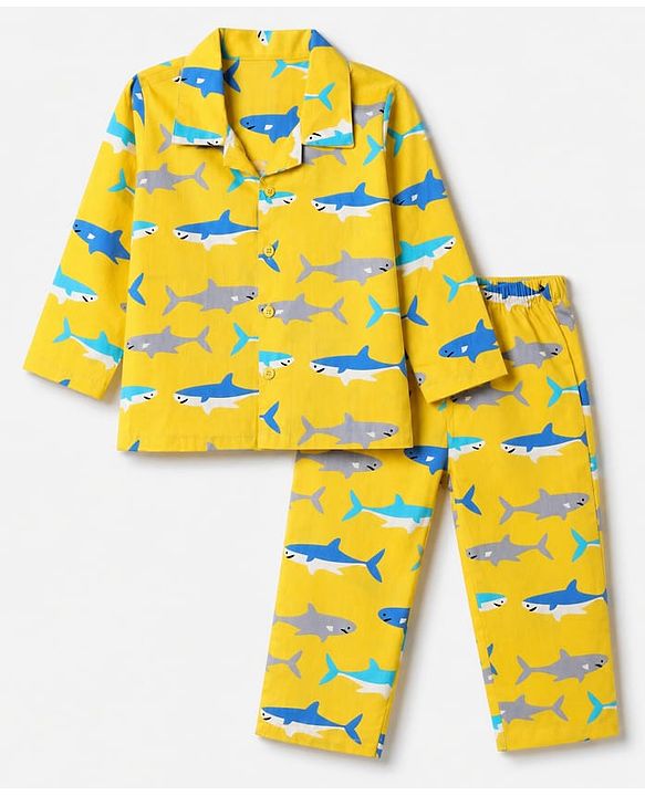 Babyhug 100% Cotton Woven Full Sleeves Co-Ords Shirt & Pyjama Night Suit with Shark Print - Yellow