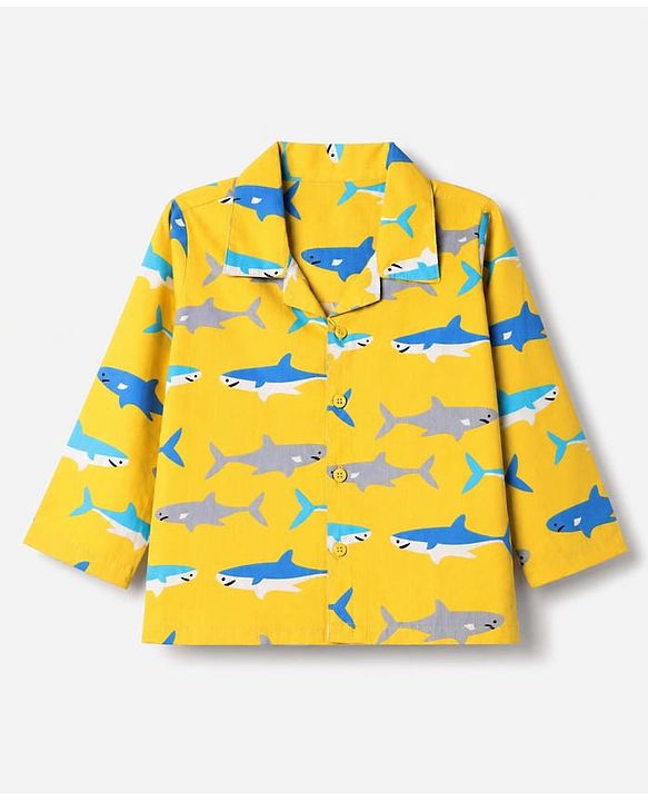 Babyhug 100% Cotton Woven Full Sleeves Co-Ords Shirt & Pyjama Night Suit with Shark Print - Yellow