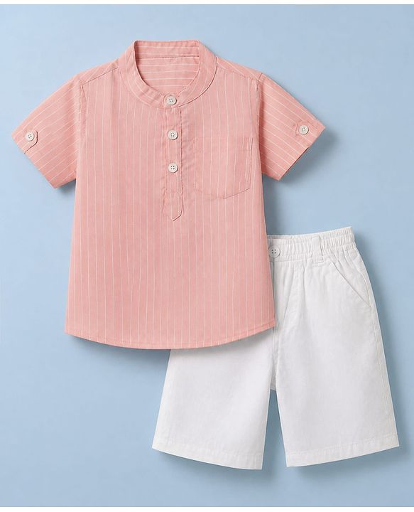 Babyhug Cotton Woven Half sleeves Striped Shirt & Shorts Set - Pink