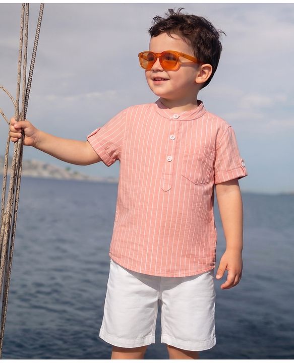 Babyhug Cotton Woven Half sleeves Striped Shirt & Shorts Set - Pink