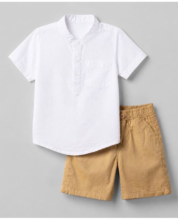 Babyhug Cotton Woven Half Sleeves Solid Shirt & Shorts Set - White