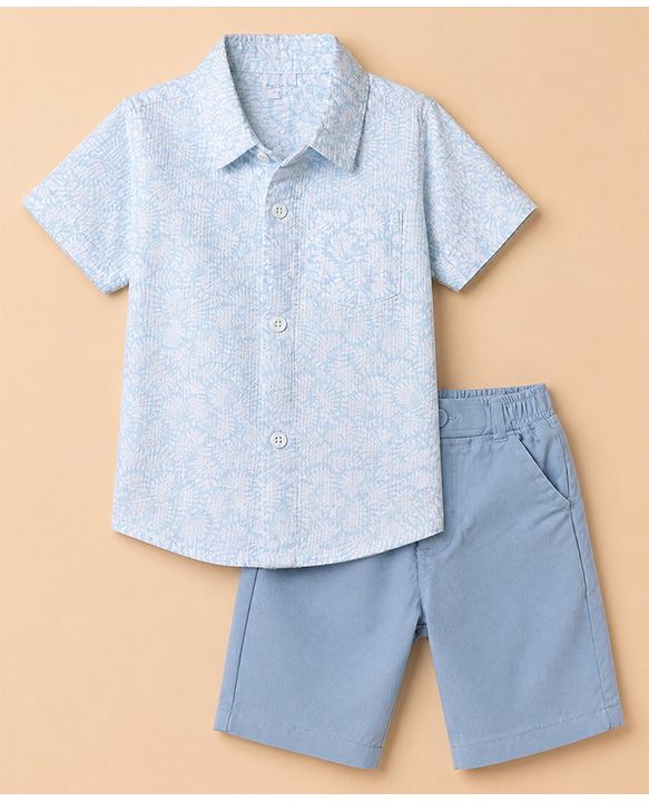 Babyhug Cotton Woven Half Sleeves Shirt and Shorts Set with Floral Print in Light Blue