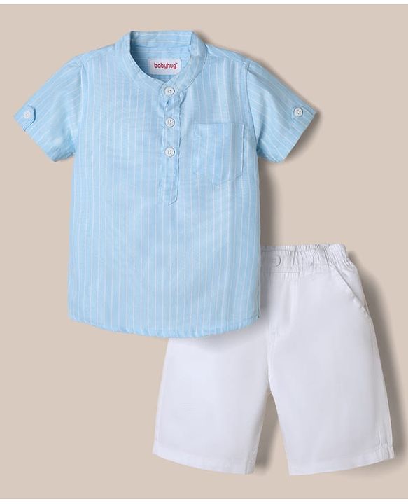 Babyhug Woven Half Sleeves Shirt and Shorts Set With Striped Print - Blue & White