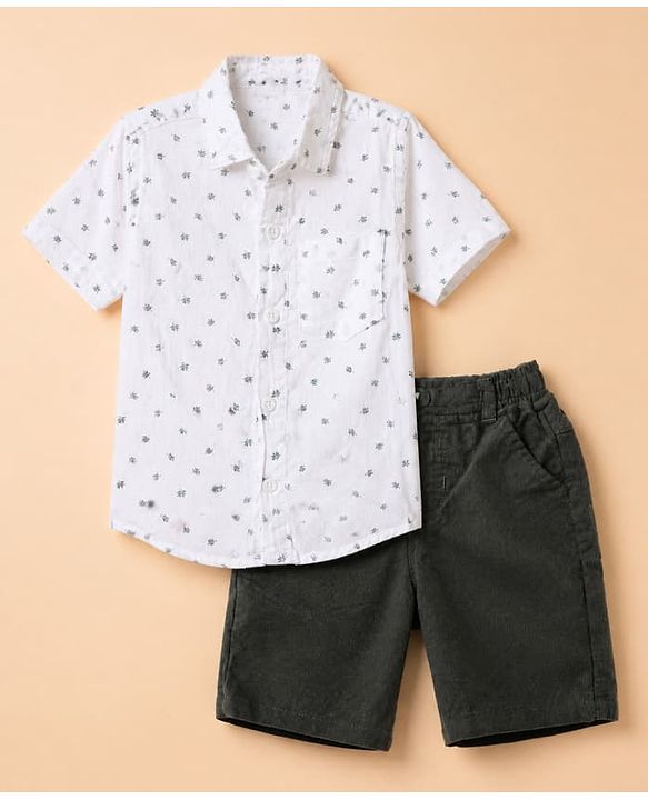 Babyhug Cotton Woven Half Sleeves Shirt and Shorts Set With Leaf Print - White