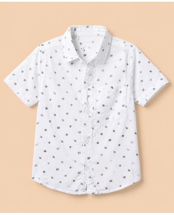 Babyhug Cotton Woven Half Sleeves Shirt and Shorts Set With Leaf Print - White