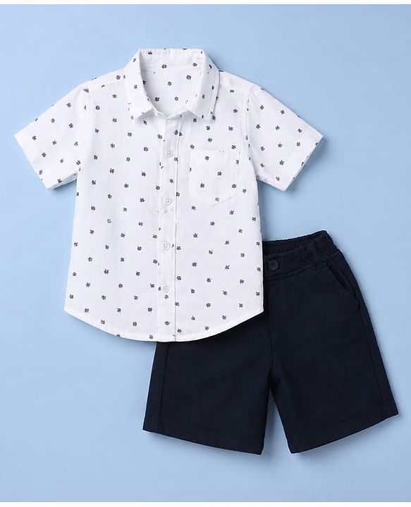 Babyhug Cotton Woven Half Sleeves Printed Shirt and Shorts Set - White & Black