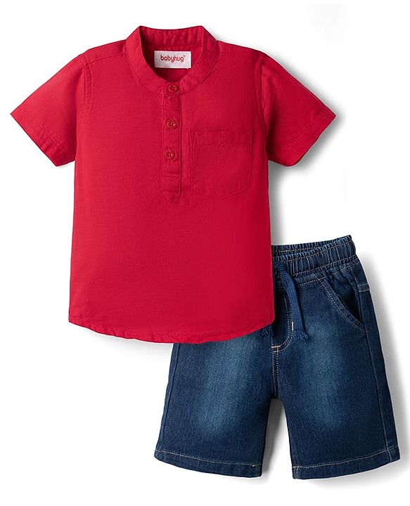 Babyhug Cotton Woven Denim Half Sleeves Shirt & Shorts Set - Red & Blue