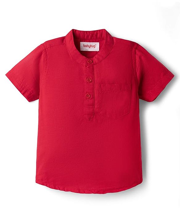 Babyhug Cotton Woven Denim Half Sleeves Shirt & Shorts Set - Red & Blue