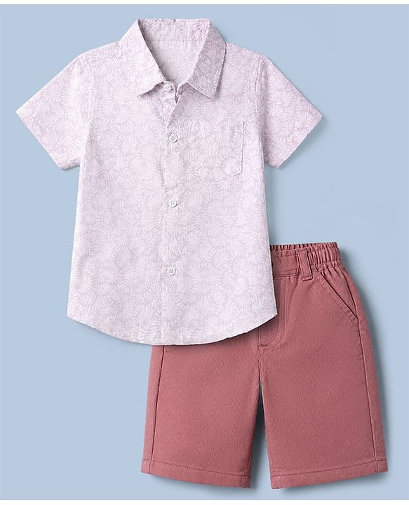 Babyhug Cotton Woven Half Sleeves Shirt and Shorts Set with Leaves Print in White