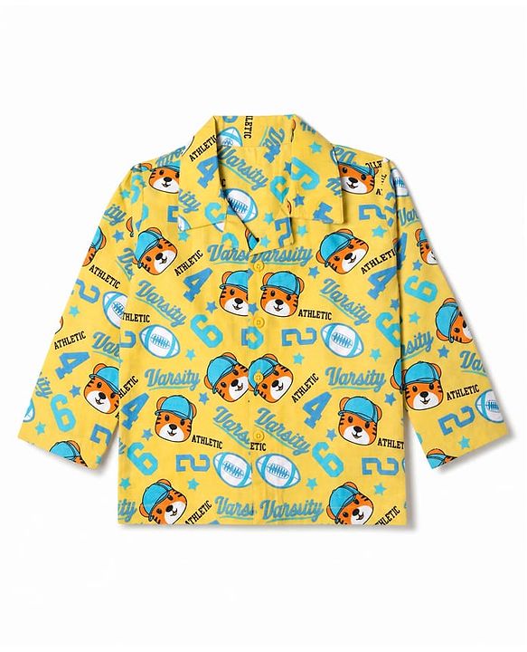 Babyhug Cotton Woven Front Open Full Sleeves Co-ord Shirt & Pajama Night Suit with Tiger & Varsity Numeric Print - Yellow