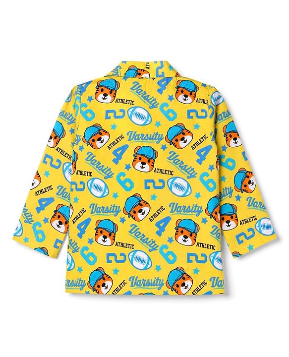 Babyhug Cotton Woven Front Open Full Sleeves Co-ord Shirt & Pajama Night Suit with Tiger & Varsity Numeric Print - Yellow