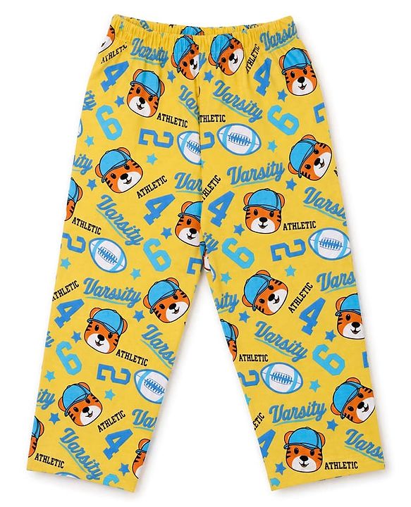 Babyhug Cotton Woven Front Open Full Sleeves Co-ord Shirt & Pajama Night Suit with Tiger & Varsity Numeric Print - Yellow