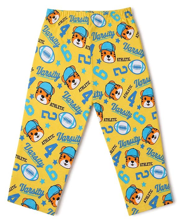 Babyhug Cotton Woven Front Open Full Sleeves Co-ord Shirt & Pajama Night Suit with Tiger & Varsity Numeric Print - Yellow