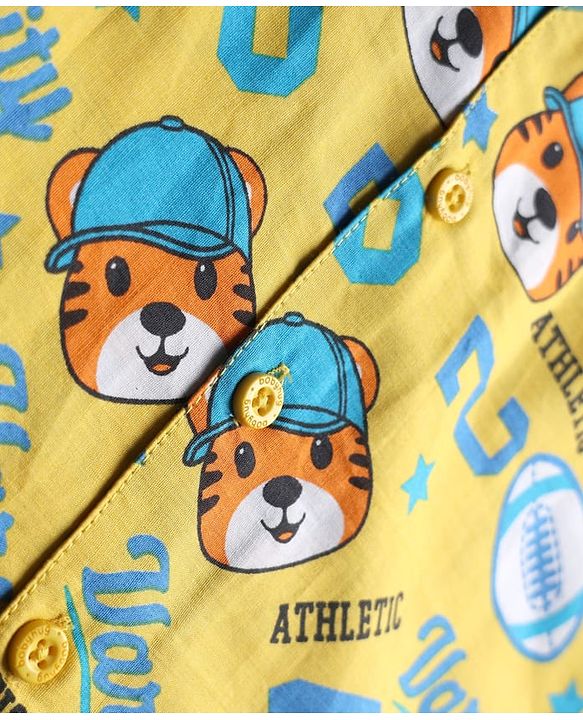 Babyhug Cotton Woven Front Open Full Sleeves Co-ord Shirt & Pajama Night Suit with Tiger & Varsity Numeric Print - Yellow