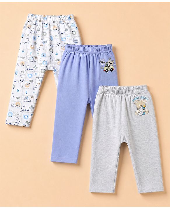 Babyhug Cotton Knit Full Length Diaper Leggings With Animal Print Pack of 3 - Blue Grey White