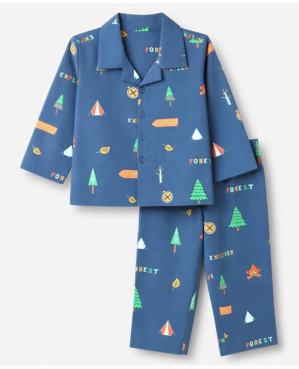 Babyhug 100% Cotton Woven Full Sleeves Co-Ords Shirt & Pyjama Night Suit with Camping Print - Navy Blue