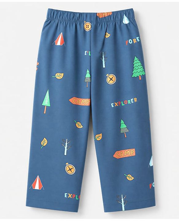 Babyhug 100% Cotton Woven Full Sleeves Co-Ords Shirt & Pyjama Night Suit with Camping Print - Navy Blue