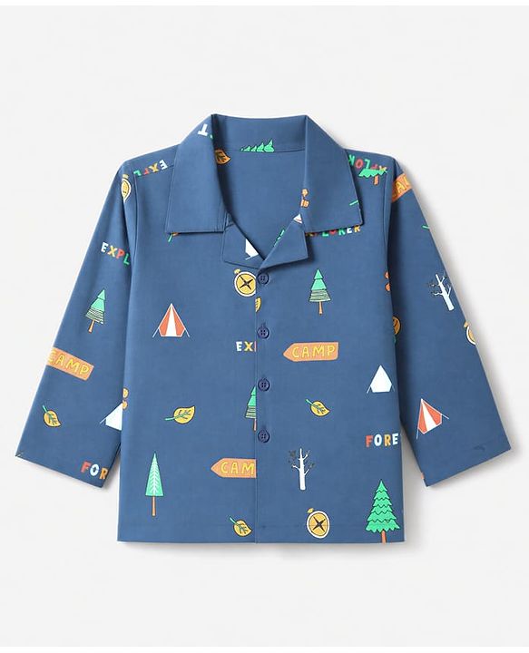 Babyhug 100% Cotton Woven Full Sleeves Co-Ords Shirt & Pyjama Night Suit with Camping Print - Navy Blue