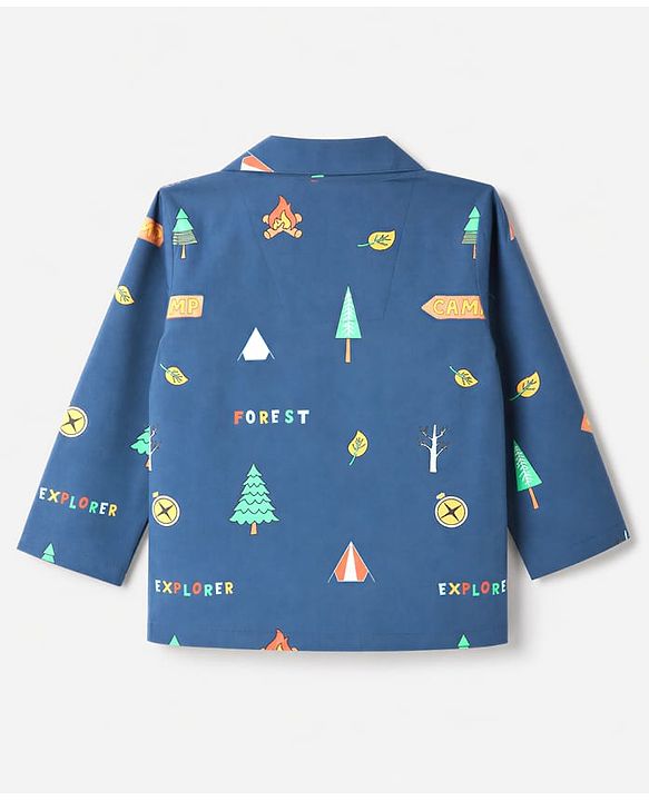 Babyhug 100% Cotton Woven Full Sleeves Co-Ords Shirt & Pyjama Night Suit with Camping Print - Navy Blue