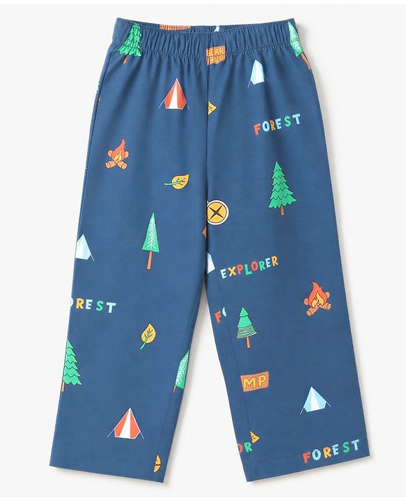 Babyhug 100% Cotton Woven Full Sleeves Co-Ords Shirt & Pyjama Night Suit with Camping Print - Navy Blue