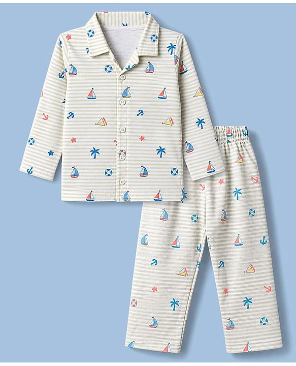 Babyhug Cotton Knit Full Sleeeves Front Open Co Ords Shirt & Pyjama Night Suit With Nautical Theme Print - Brown