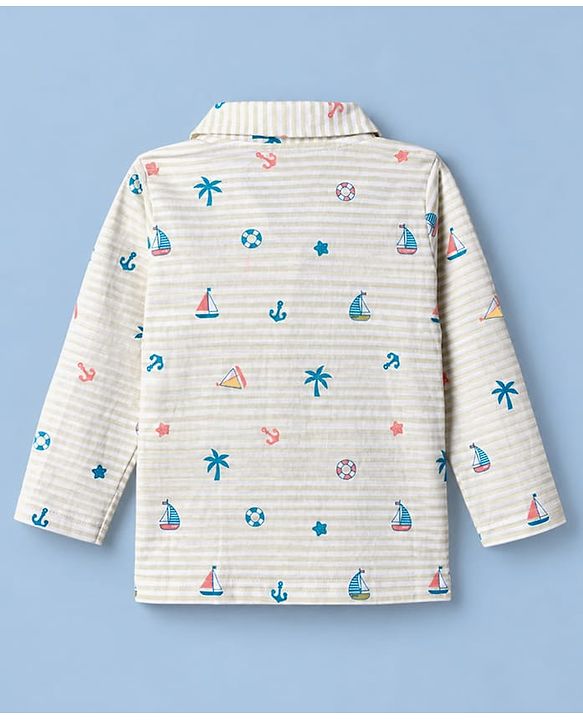 Babyhug Cotton Knit Full Sleeeves Front Open Co Ords Shirt & Pyjama Night Suit With Nautical Theme Print - Brown