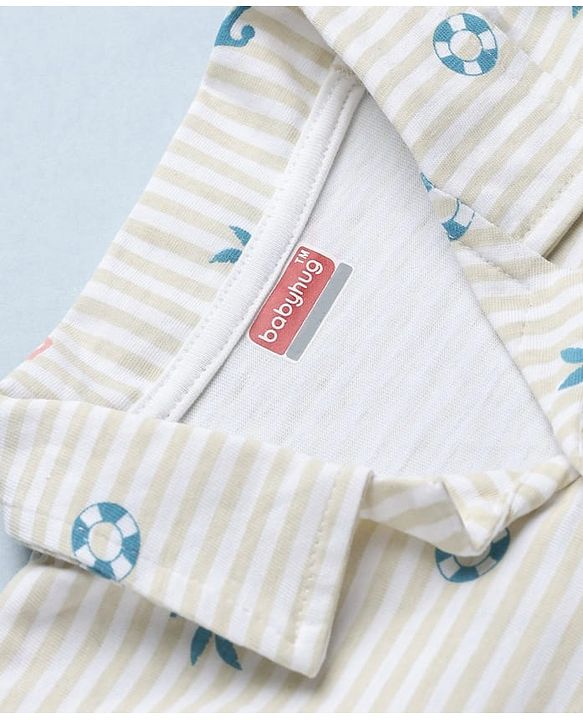 Babyhug Cotton Knit Full Sleeeves Front Open Co Ords Shirt & Pyjama Night Suit With Nautical Theme Print - Brown