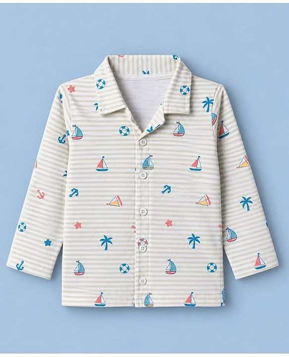 Babyhug Cotton Knit Full Sleeeves Front Open Co Ords Shirt & Pyjama Night Suit With Nautical Theme Print - Brown