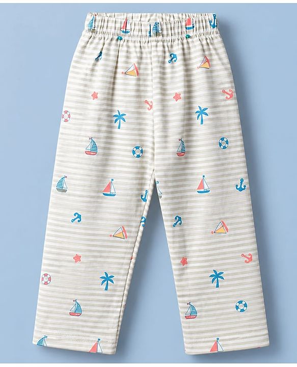 Babyhug Cotton Knit Full Sleeeves Front Open Co Ords Shirt & Pyjama Night Suit With Nautical Theme Print - Brown