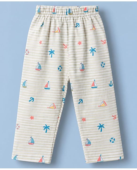 Babyhug Cotton Knit Full Sleeeves Front Open Co Ords Shirt & Pyjama Night Suit With Nautical Theme Print - Brown